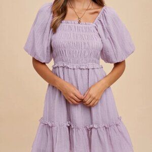 Smocking Bodice Elastic Tiered Mini Dress - Lilac